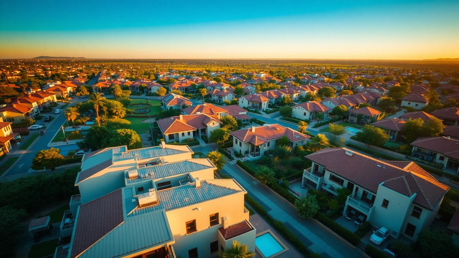 Aerial view of a South African residential neighborhood at golden hour